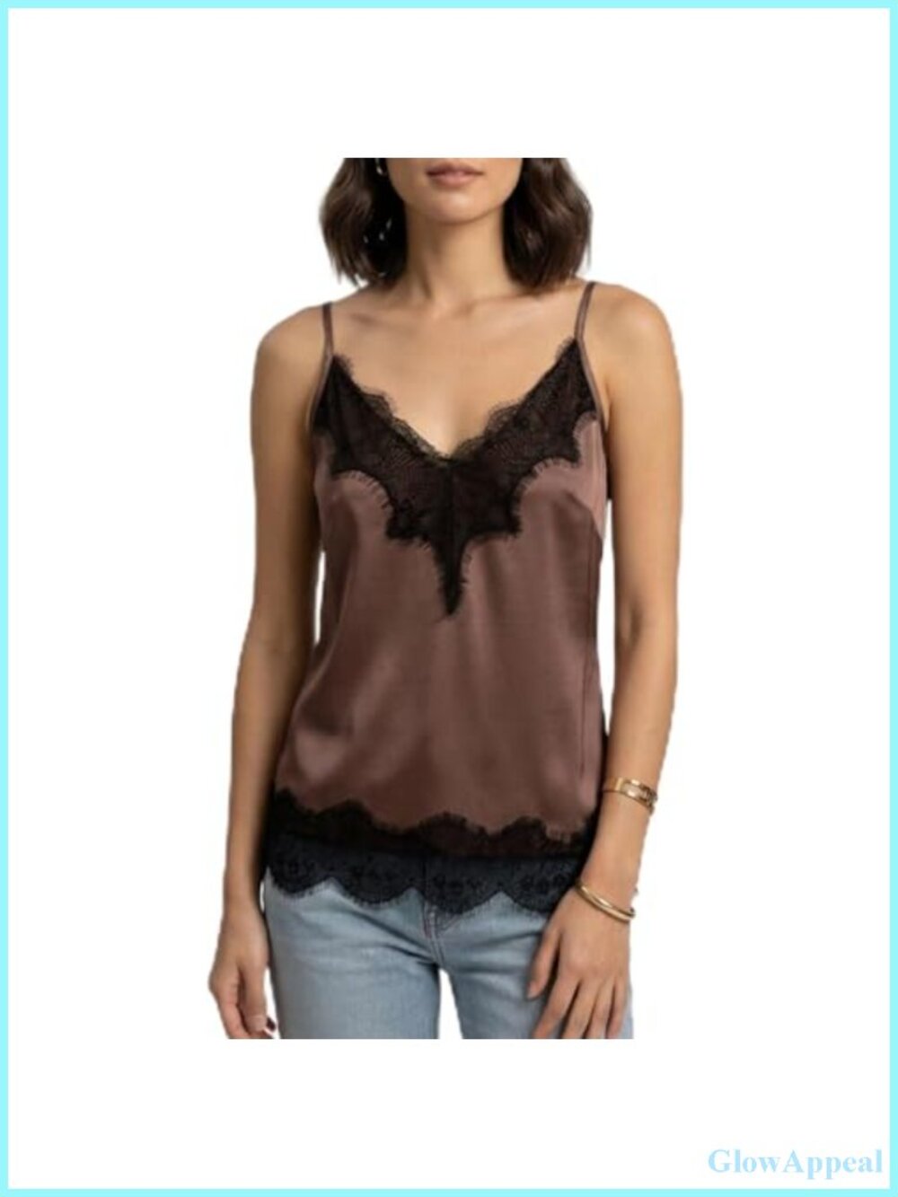 Satin Camisole Lace Trim V Neck Spaghetti Strap Silky Tank Top Sleeveless Blouse